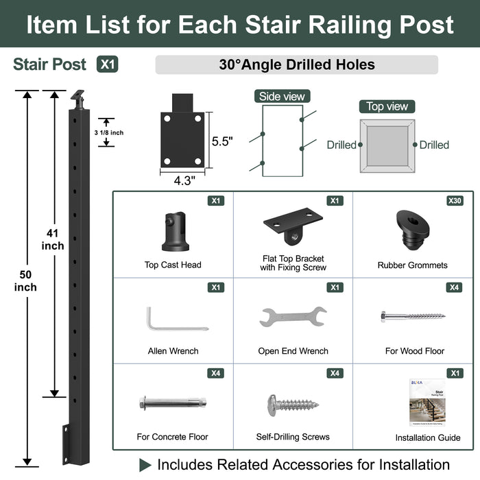 BLIKA 42" Angle Drilled Side Mount Post for Cable Railing